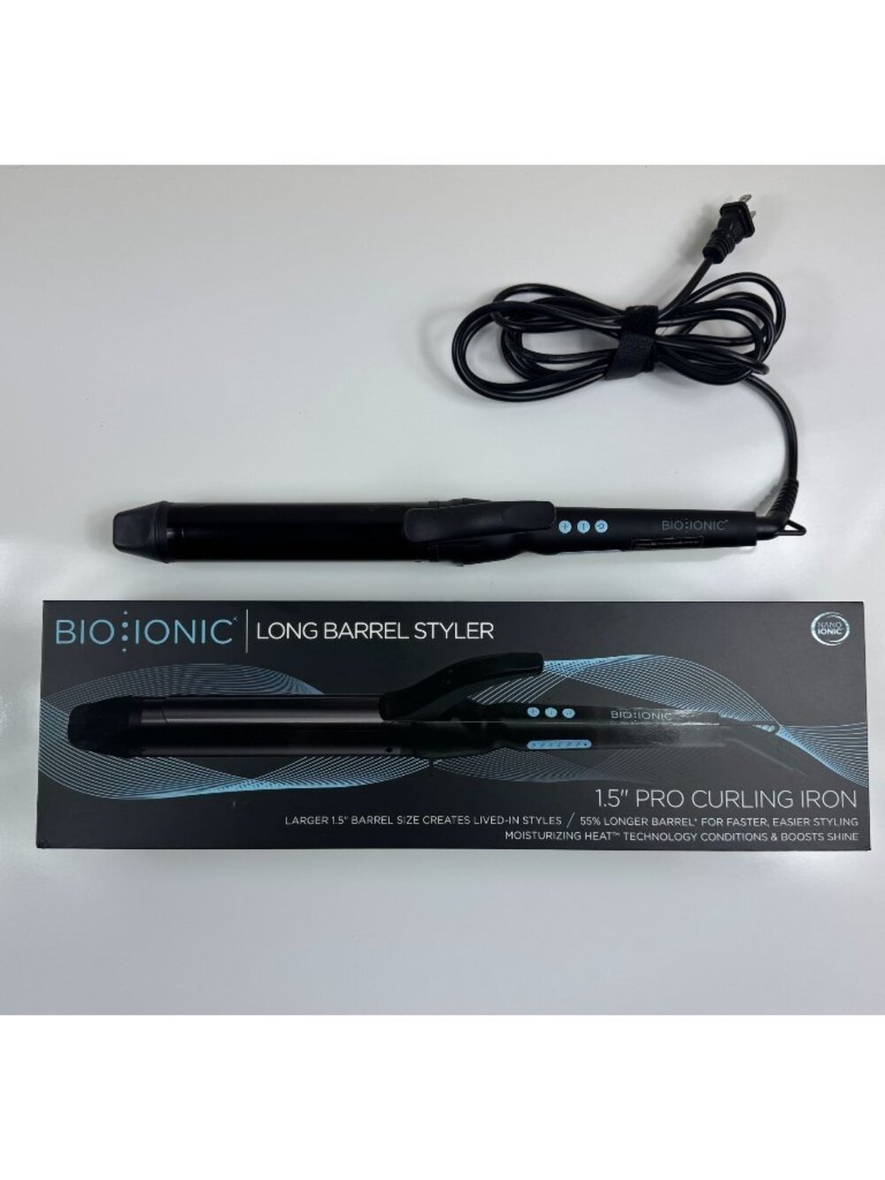 BIO IONIC Long Barrel Curling Iron Styler 1.5-Inch Black Nanoionic Beachy Waves